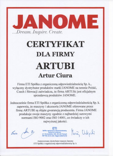 Certyfikat sprzedaży JANOME