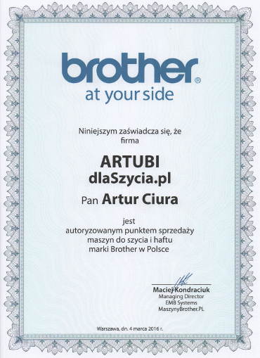 Certyfikat sprzedaży marki Brother dla sklepu dlaszycia.pl